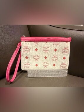 MCM White & Pink Logo Wristlet Pouch